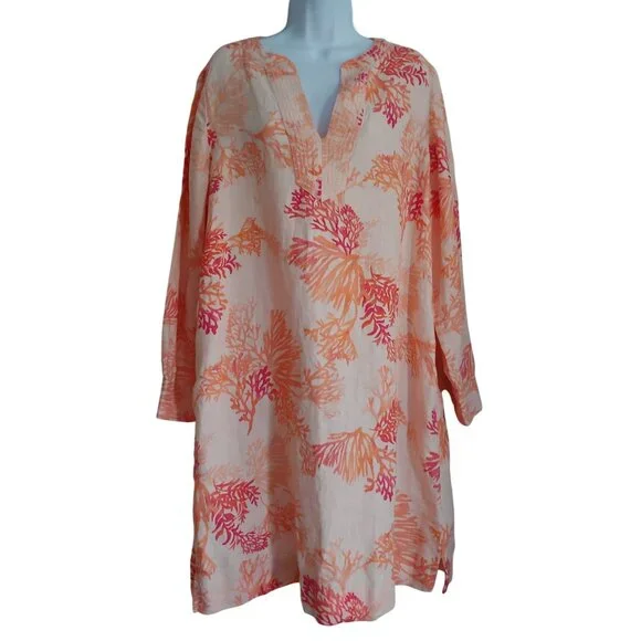 Chico's | Dresses | Chicos Womens Linen Coral Reef Tunic Dress Size 2large  Vacation Resort Kaftan | Poshmark